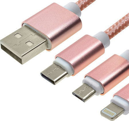 Braided USB to Lightning / Type-C / micro USB Cable Ροζ 1.2m (0519.060)