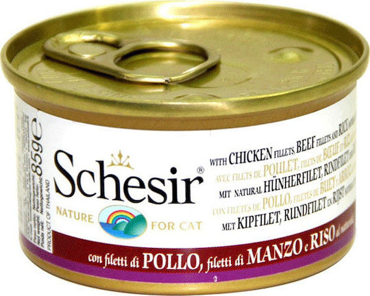 Schesir Nature for Cat Wet Food for Adult Cats in Cans with Chicken, Calf and Rice Grain-Free & Gluten-Free 85gr