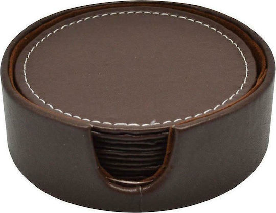 Ankor Round PU Brown Coasters with Stand 10cm 6pcs