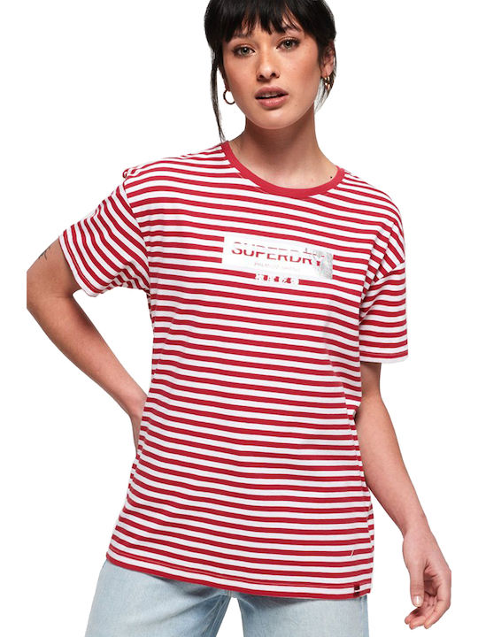 Superdry Minimal Logo Stripe Portland Femeie Tricou Cu dungi Roșu