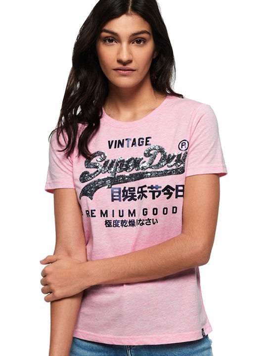 Superdry Premium Goods Sequin Γυναικείο T-shirt Ροζ