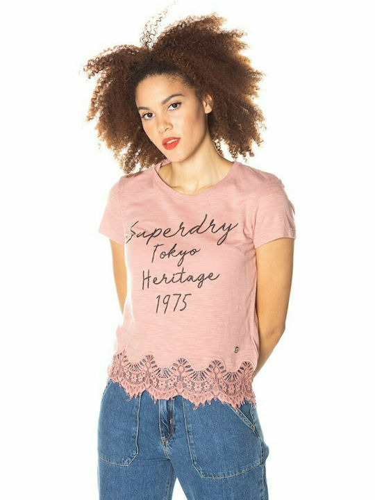 Superdry Somertrees Lace Women's T-shirt Floral Pink