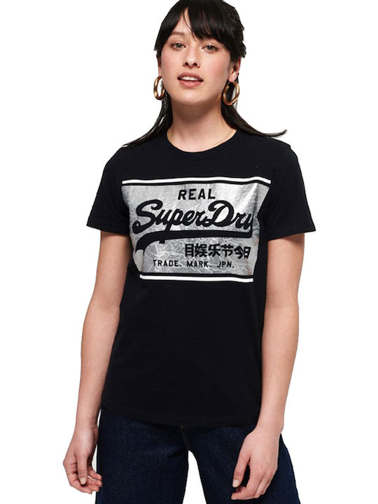 Superdry Vintage Logo Textured Foil Box Women's T-shirt with V Neckline Black