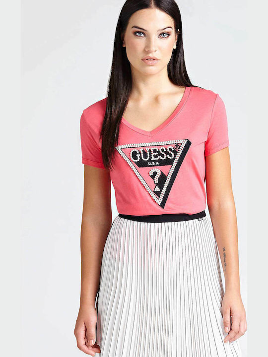 Guess Summer Women's Blouse Short Sleeve with V Neckline Pink