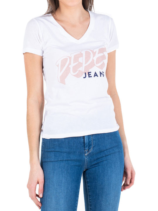 Pepe Jeans Adele Дамска Тениска с V-образно деколте Оптично бяло