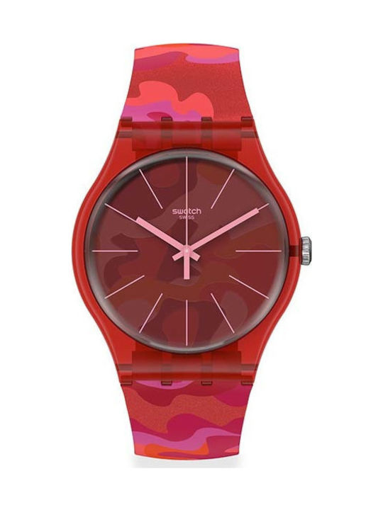 Swatch Camouflash Uhr mit Rot Kautschukarmband