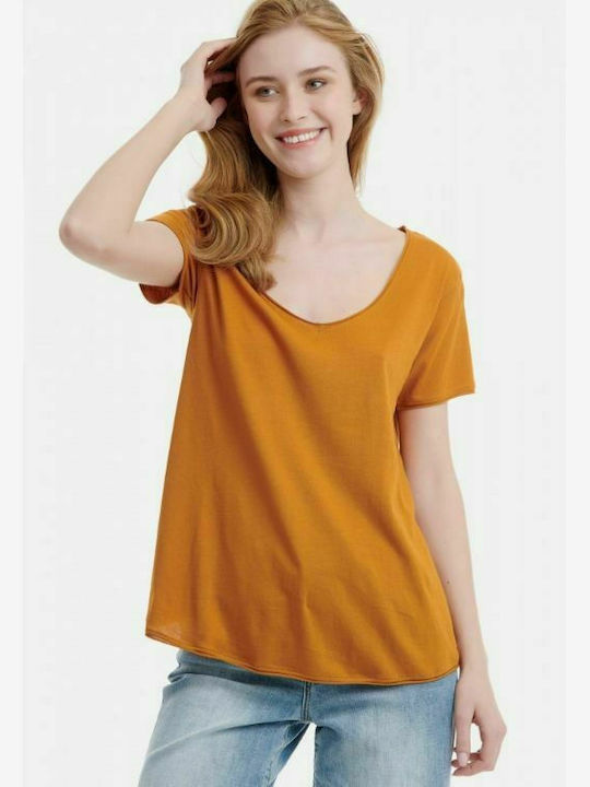 Funky Buddha Women's T-shirt with V Neck Ochre