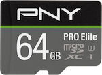 PNY Pro Elite microSDXC 64GB Class 10 U3 V30 A1 UHS-I με αντάπτορα