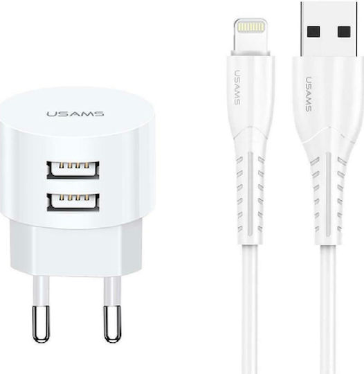 Usams Charger with 2 USB-A Ports and Cable Lightning Whites (T20)