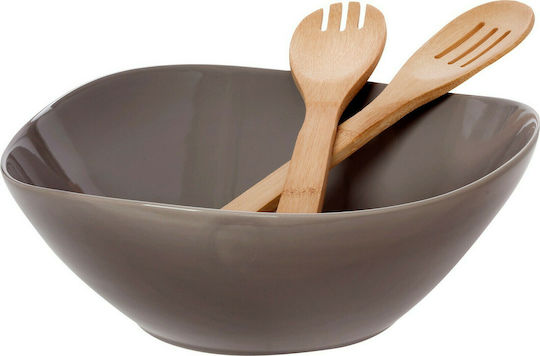 Cryspo Trio Bamboo Σαλατιέρα με Κουτάλες από Πορσελάνη Beige Grey 29x11.5x11cm 3τμχ
