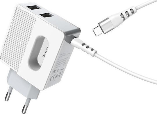 Hoco с 2 USB-A порта и кабел Lightning Бял (C75)