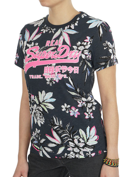 Superdry Vintage Logo Tropical Γυναικείο T-shirt Rinse Navy με Στάμπα