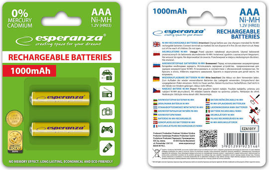 Esperanza Επαναφορτιζόμενες Μπαταρίες AAA Ni-MH 1000mAh 1.2V 2τμχ Κίτρινο
