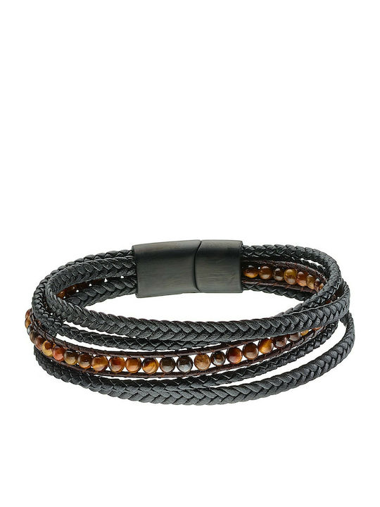 Men's Leather and Stainless Steel 316L Bracelet in Black Color / Length 21.50 Cm / Width 23.00 Mm / VERORAMA / ABR-ART00470