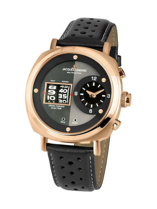 Jacques Lemans Lugano Ψηφιακό Ανδρικό Ρολόι 44mm Χρονογράφος Μπαταρίας με Μαύρο Δερμάτινο Λουράκι