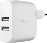 Belkin Φορτιστής Χωρίς Καλώδιο με 2 Θύρες USB-A 24W Λευκός (Boost Charge)