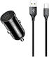 Awei Car Charger 12W 2.4A Fast Charging with Ports 2xUSB-A with Type-C Cable Black Colour