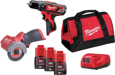 Milwaukee M12 BPDFCOT2A-202B Σετ Γωνιακός Τροχός & Δραπανοκατσάβιδο 12V με 3 Μπαταρίες 2Ah και Θήκη