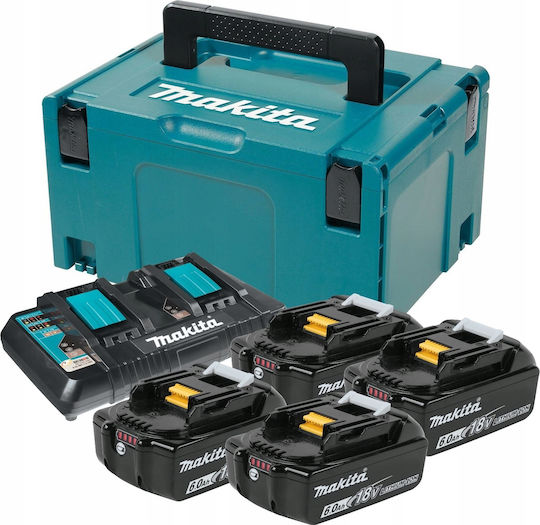 Makita Set 4 Tool Batteries Lithium 18V Capacity 6Ah with Charger DC18RD