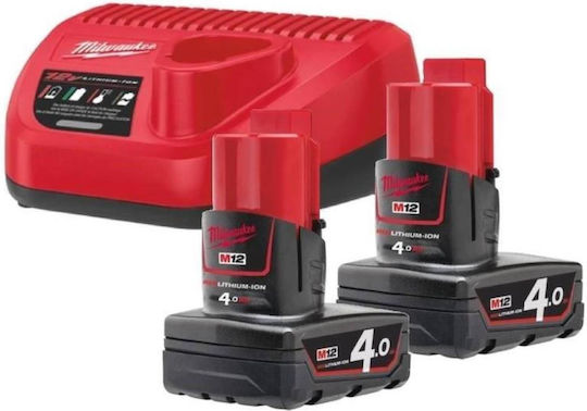 Milwaukee Set 2 Werkzeugbatterien Lithium 12V Kapazität 4Ah mit Ladegerät M12 NRG-402