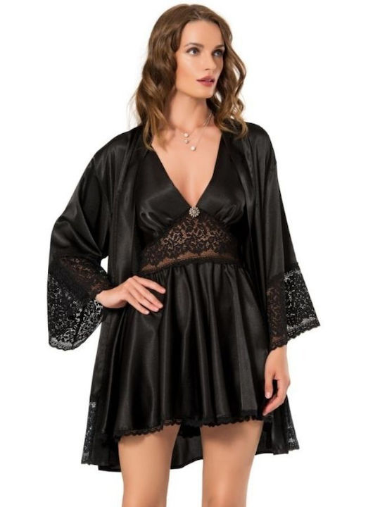 Cămașă de noapte pentru femei cu halat Moongirl JASMINE JASMINE Satin Black