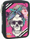 No Fear Fabric Prefilled Pencil Case Skully with 2 Compartments Pink