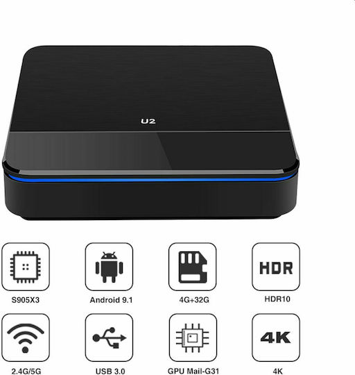 TV Box U2 4K UHD with WiFi USB 2.0 / USB 3.0 4GB RAM and 32GB Storage Space with Operating System Android 9.1