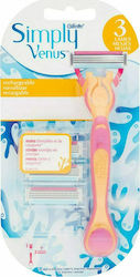 Gillette Simply Venus Razor with 3 Blade Replacement Heads & Lubricating Tape 4pcs