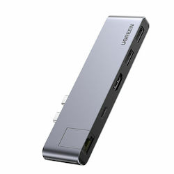 Ugreen CM218 USB-C dublu Docking Station cu HDMI 4K PD Ethernet și conectare 2 monitoare Argint