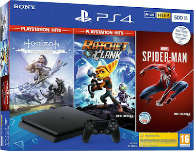 Sony PlayStation 4 500GB & Marvel`s Spider-Man & Horizon Zero Dawn PS Hits & Ratchet & Clank PS Hits