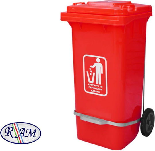 Ram Plastic Coș de gunoi Deșeuri Coșuri de gunoi cu roți cu Pedală 120lt Roșuț
