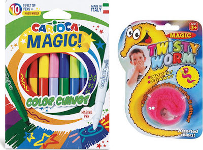 Carioca Magic Color Change Μαγικοί Μαρκαδόροι Ζωγραφικής Χονδροί σε 10 Χρώματα (9+1 Magic Pen) + Magic Twisted Worm
