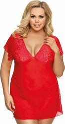 Anais Apparel Sydney Plus Size Chemise & Thong Plus Size Sexy Σετ με Νυχτικό & Ρόμπα με Δαντέλα & Διαφάνεια Red