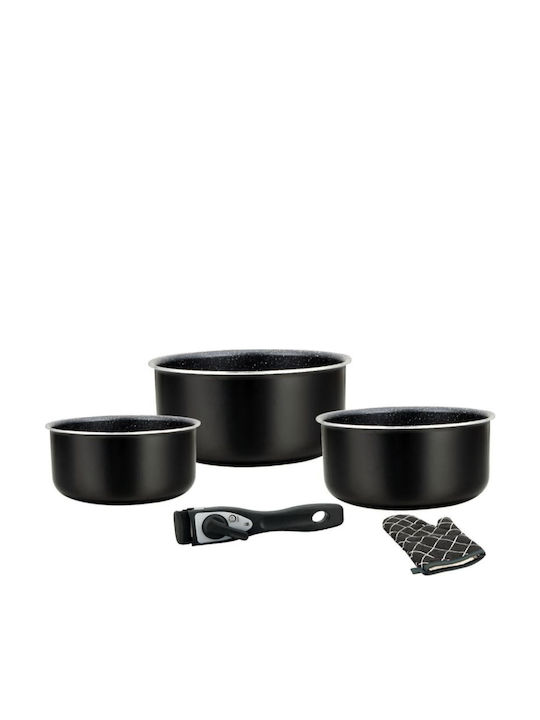 Herzberg Aluminum Pots Set Black with Stone Coating 3 Pieces