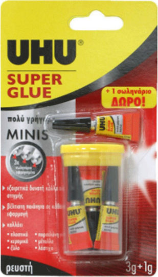 UHU Υγρή Κόλλα Στιγμής Super Glue Minis 3gr 4τμχ x (1 Συσκευασία) Διάφανη