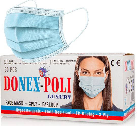 Poli Donex Poli Luxury Face Mask Hypoallergenic 3ply Mască de protecție Albastru 50buc