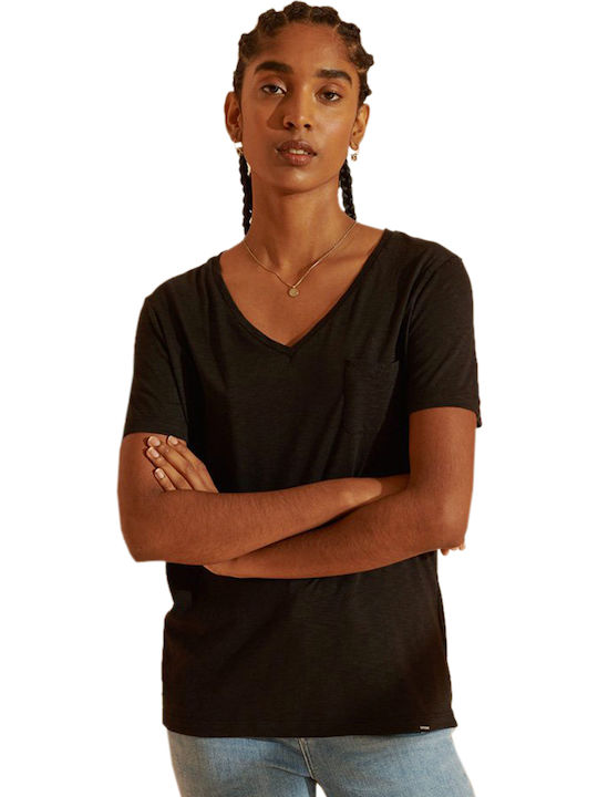 Superdry Scripted Γυναικείο T-shirt με V Λαιμόκοψη Μαύρο