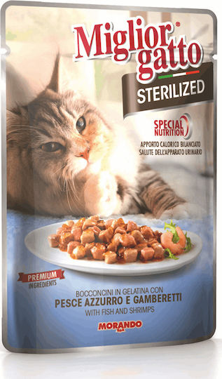 Morando Miglior Gatto Sterilised Υγρή Τροφή για Ενήλικες Γάτες σε Φακελάκι με Γαρίδες και Ψάρια 85gr