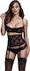 Baci Lingerie Lacey Bra Cincher Panty Set Sexy Σετ Εσωρούχων με Δαντέλα & Ζαρτιέρες Black 3τμχ