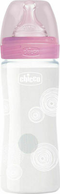 Chicco Γυάλινο Μπιμπερό Well Being Κατά των Κολικών με Θηλή Σιλικόνης 240ml για 0+ μηνών Pink Circles