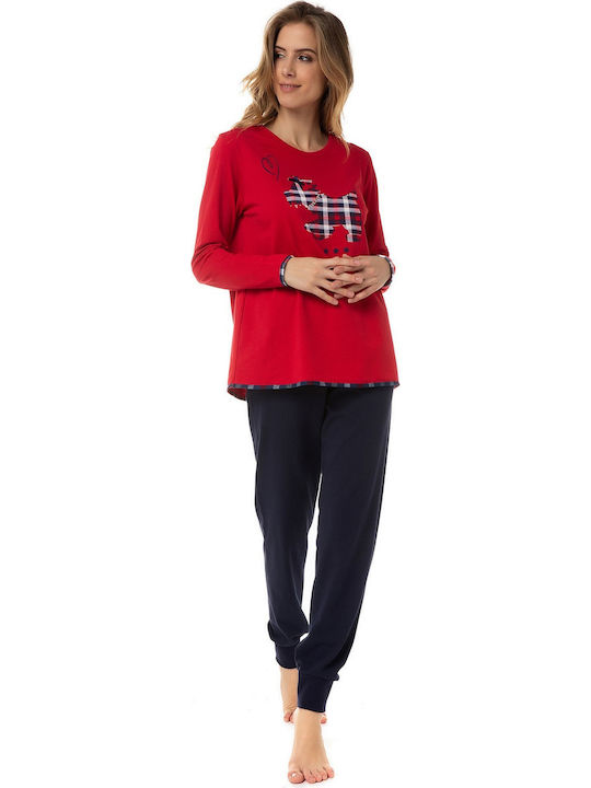 Minerva Winter Damen Pyjama-Set Baumwolle Rot Doggy