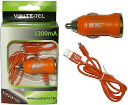Volte-Tel Φορτιστής Αυτοκινήτου Πορτοκαλί Συνολικής Έντασης 1.2A με μία Θύρα USB μαζί με Καλώδιο lightning