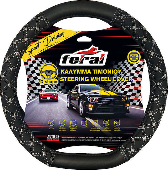 Feral Car Steering Wheel Cover Sport Driving D-Shape Medium with Diameter 38cm made of Leatherette Black with Gray Stitching