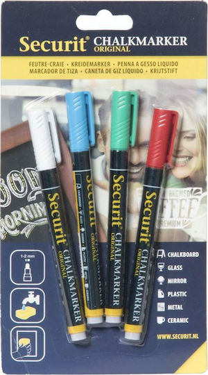 Securit Chalk Marker Σετ Μαρκαδόροι Μαυροπίνακα Υγρής Κιμωλίας για Γυαλί με Λεπτή Μύτη 1-2mm 4τμχ