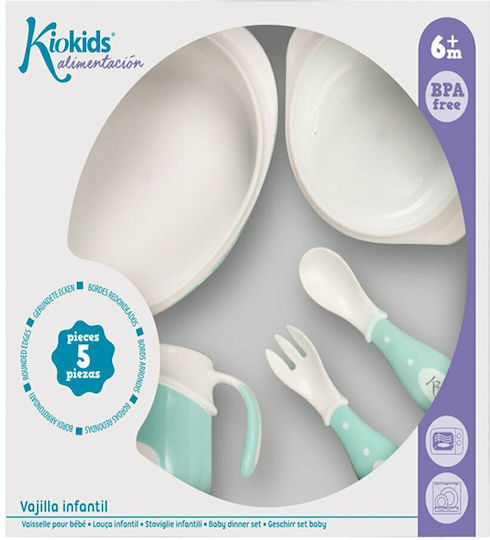 Kiokids Feeding Set made of Plastic Turquoise 5pcs for 6+ months