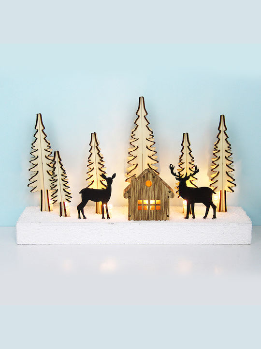 Aca Christmas Illuminated Decorative Wooden Village with Battery 26x16x7.5cm. Plywood Christmas Tree