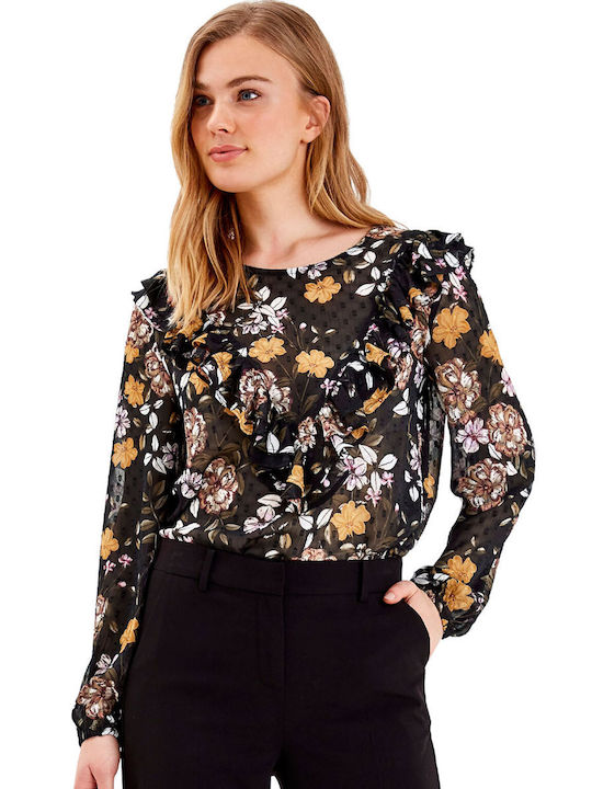 BYOUNG 'GINNI' FLORAL SHIRT FOR WOMEN WITH RUFFLES 20808565-80001 (80001/BLACK)