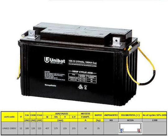 Unibat Photovoltaic Battery AGM Sealed Deep Cycle 12V 100Ah C100 (UNB12-100DC)