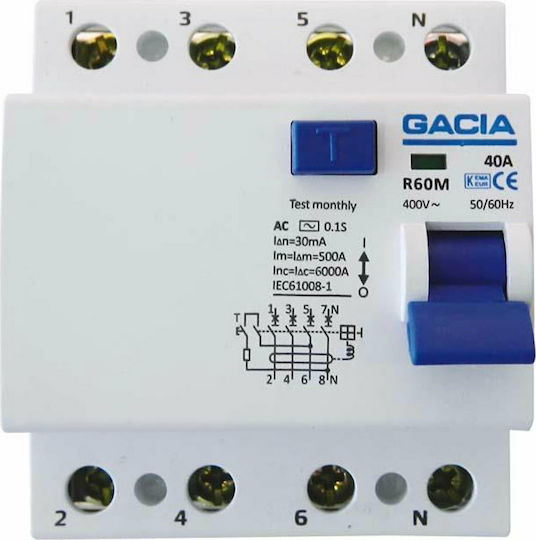 Gacia Phase 4-Pole Earth Leakage Relay 40A 400V 4Χ40Α 30mΑ