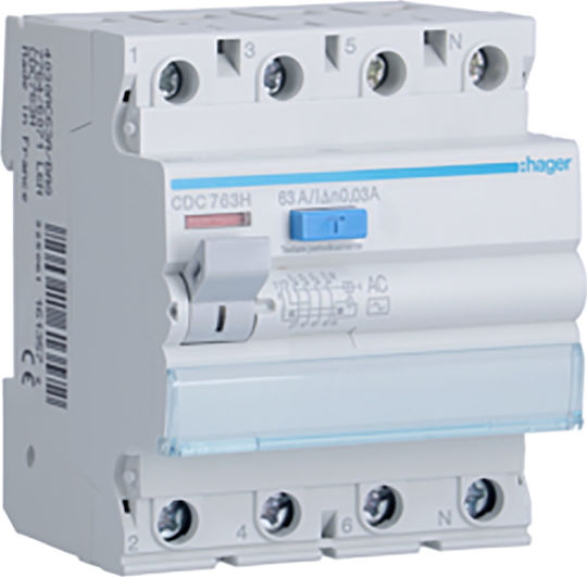 Hager Phase 4-Pole Earth Leakage Relay 63A 400V 30mA